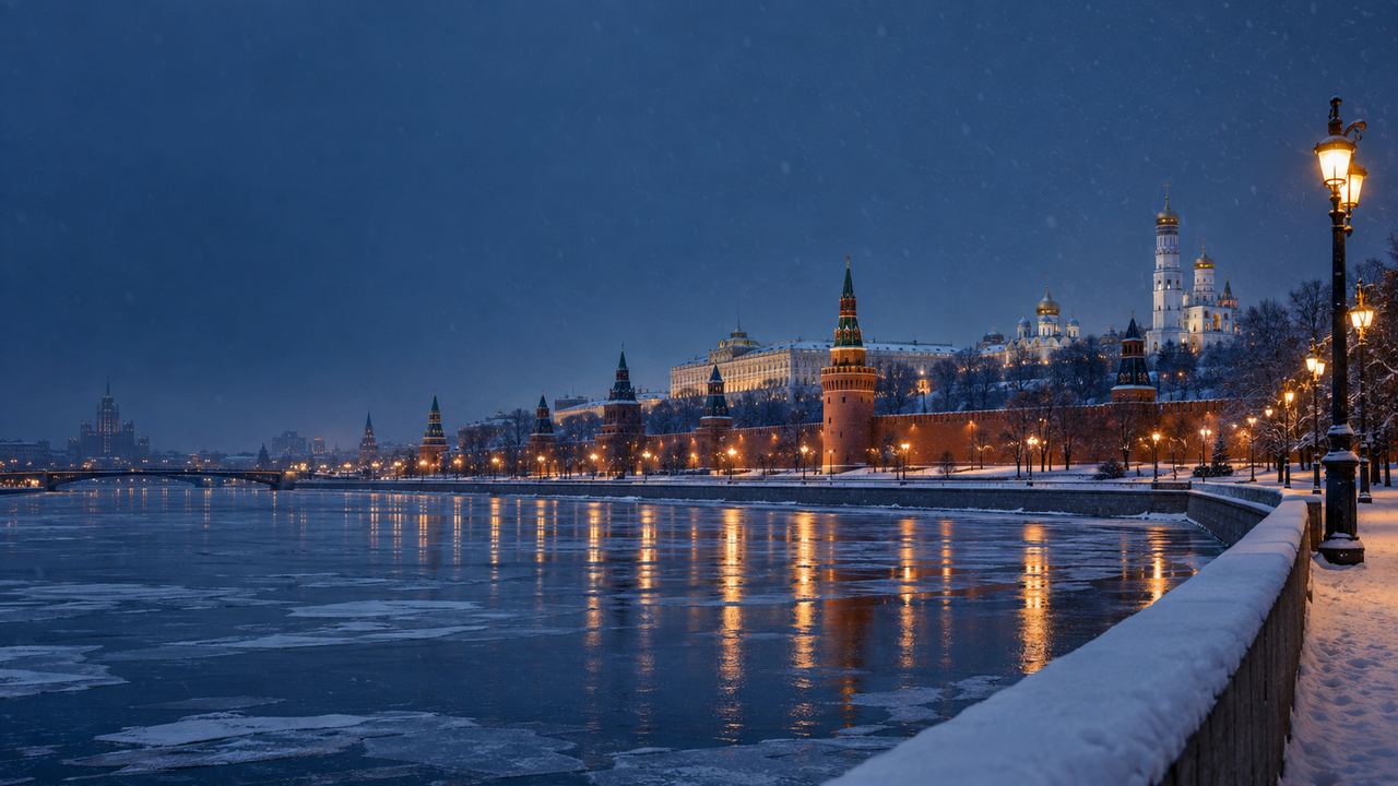 The Moscow River and the Kremlin embankment at dusk in winter, with snow and warm street lights